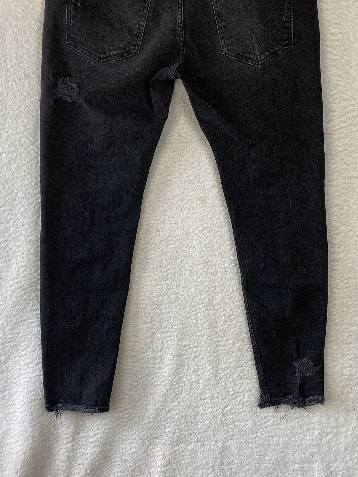 Zara Destressed Jeans Womens 34 Button Fly Cropped Black Skinny Raw Hem Mid Rise