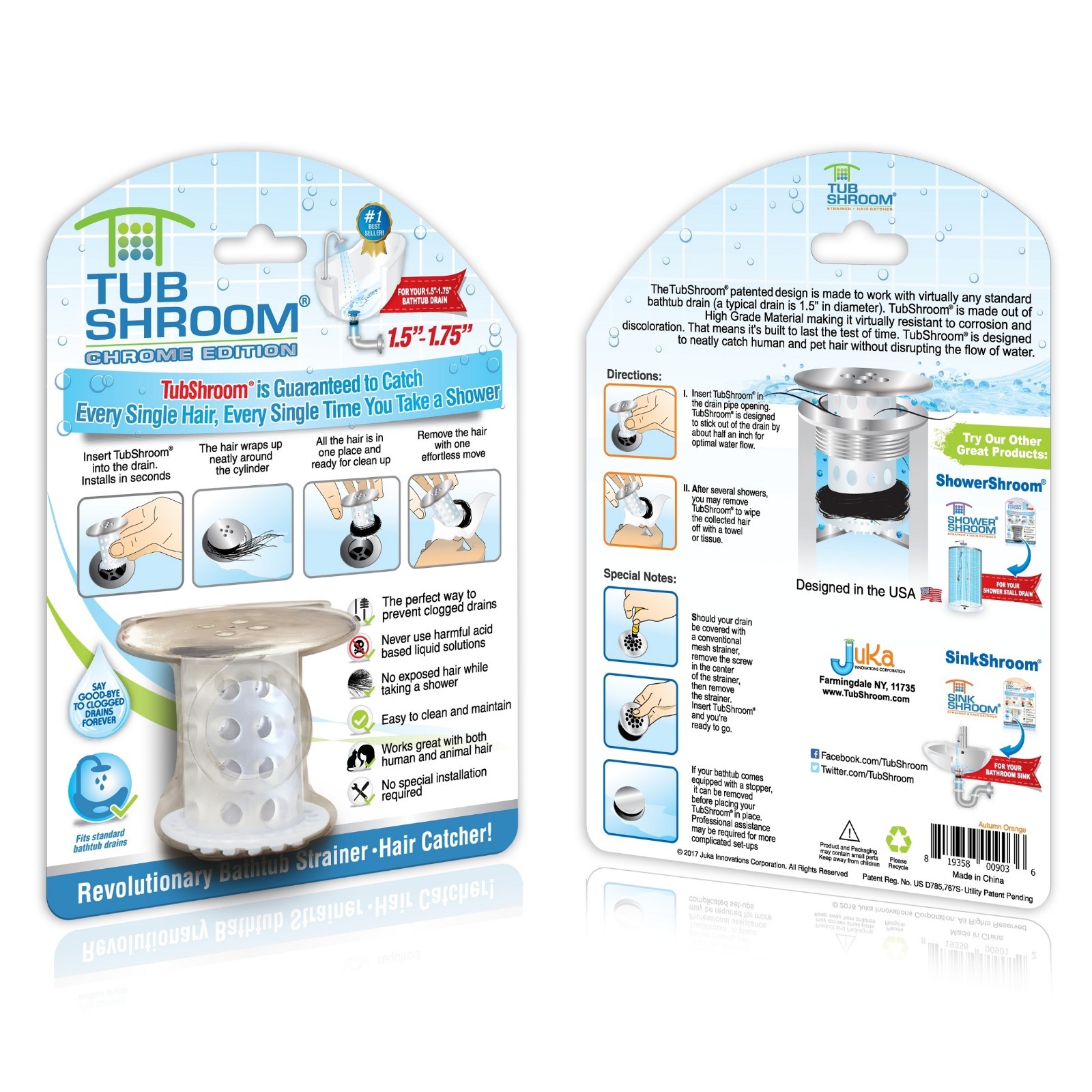 TubShroom® Chrome Revolutionary Tub Drain Protector Hair Catcher Strainer Snare