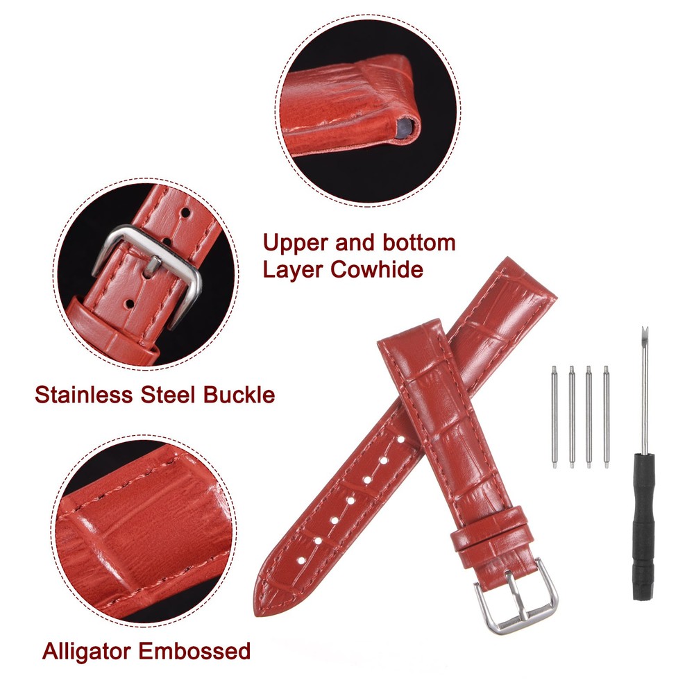 Leather Watch Band 24mm Embossed Cowhide Strap with Spring Bars Red