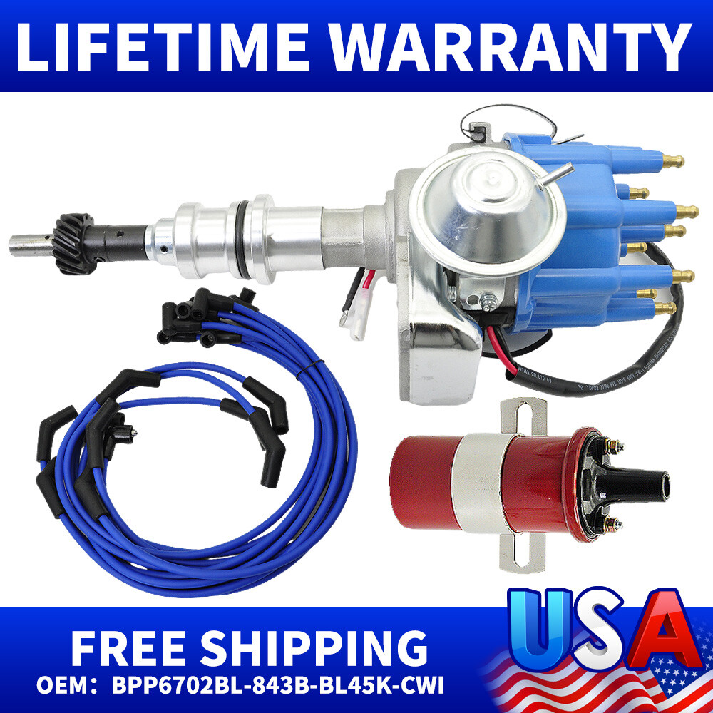 FOR FORD 289 302 BLUE Small Cap HEI Distributor +Coil+UNIVERSAL SPARK PLUG WIRES