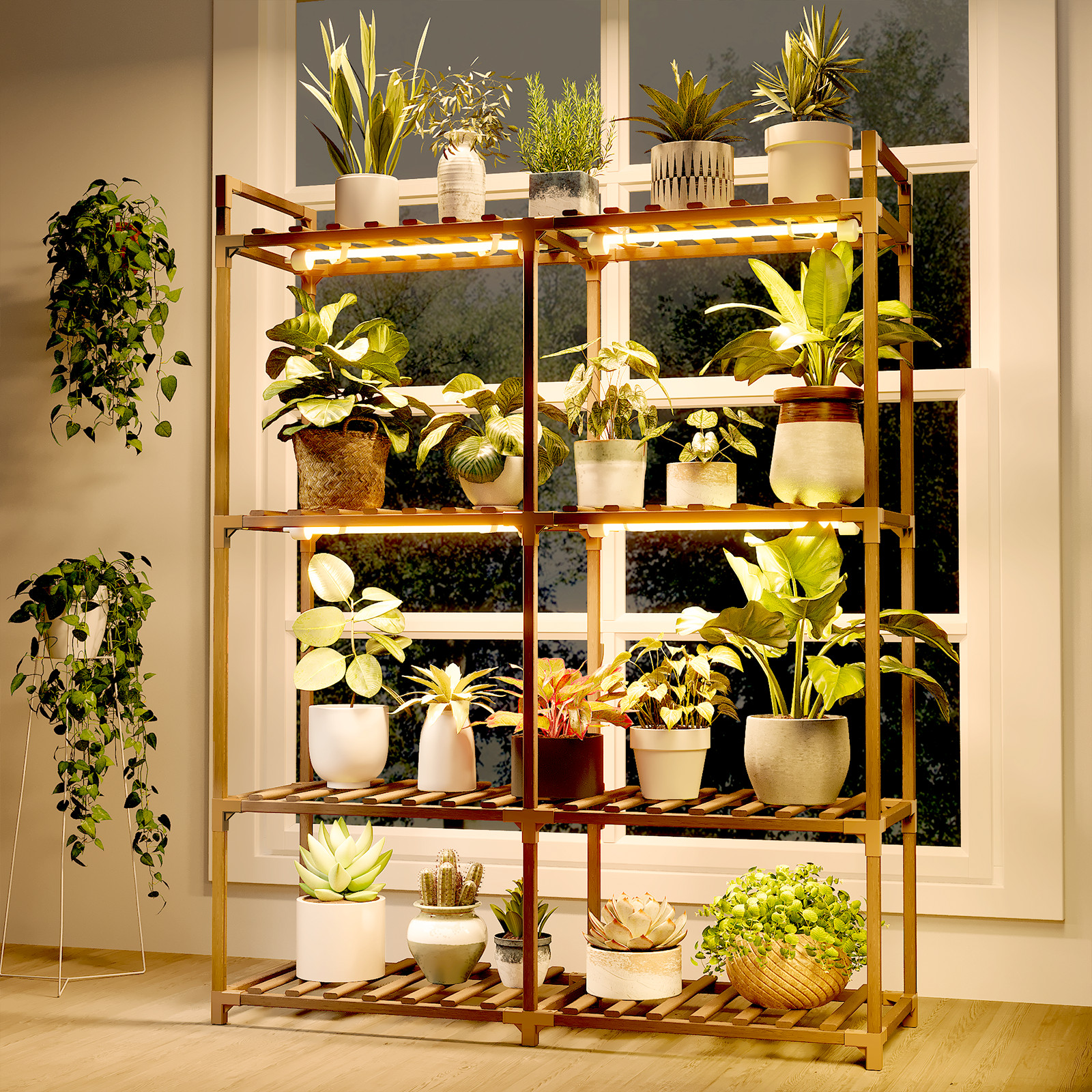 Bamworld Plant Stand with Grow Lights for Indoor Plants Wood Plant Shelf 4 Tier
