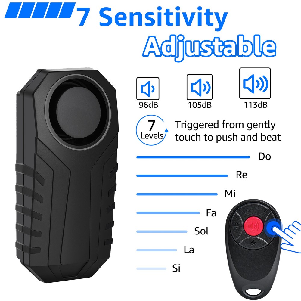 1× Security Alarm for Bikes/Ebikes 7-Level Sensitivity Waterproof Easy Install