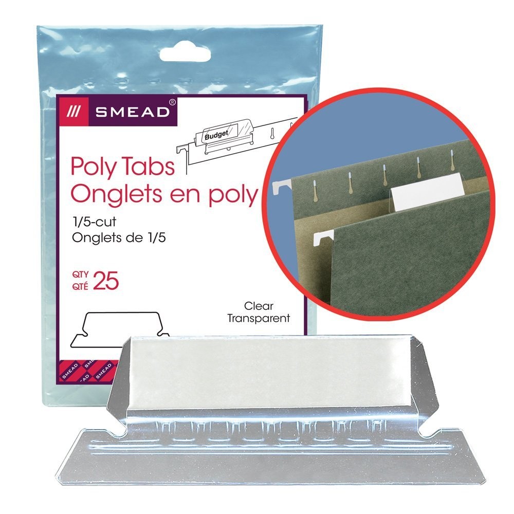 Poly 1/5-Cut Hanging Folder Tabs Clear Plastic for Easy Viewing 25-Pack
