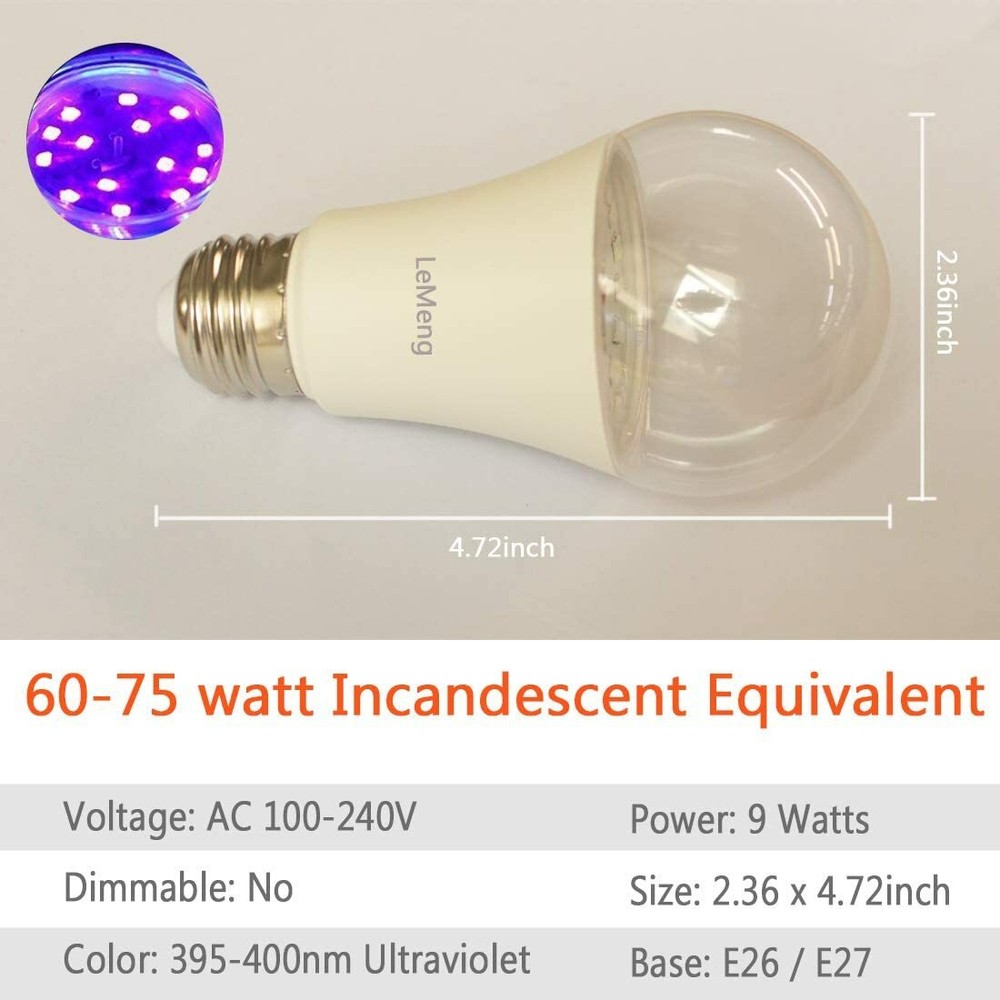 LeMeng - UV LED Black Lights Bulb 9W Ultraviolet A19, E26 - 3 Pack