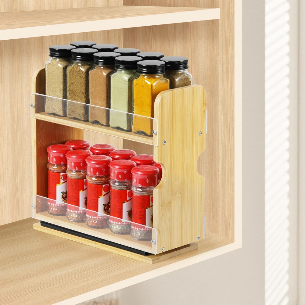 2 Tier Pull Out Spice Rack Organizer, Bamboo Sliding Spice Rack for Kitchen C...