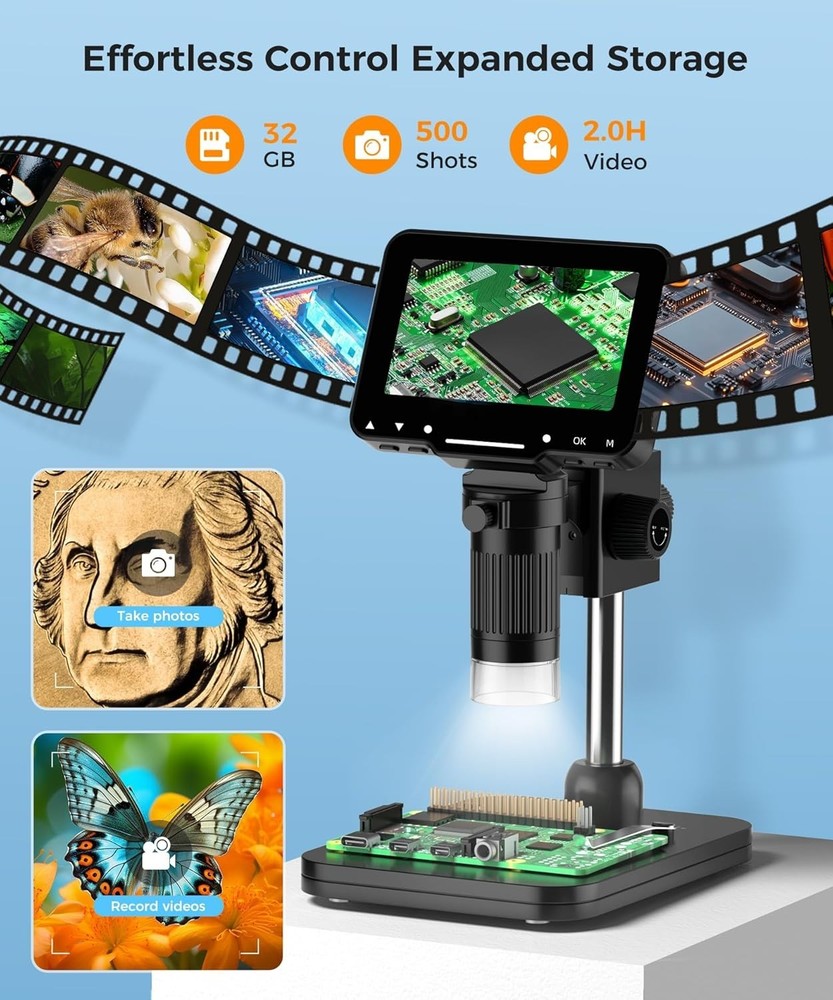 Wireless 4.3-Inch LCD Digital Microscope 50-1000X Magnification with LED Lights
