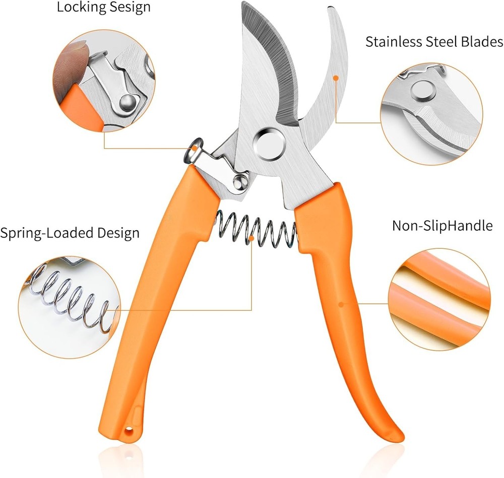 Orange Garden Shears Sharp Stainless Steel 6.9" Pruning Scissors