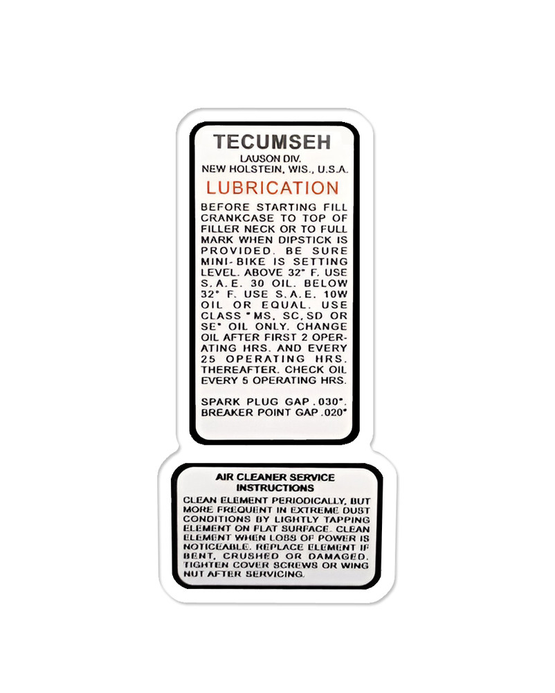 MINI-BIKE Specific TECUMSEH ENGINE SERVICE Sticker