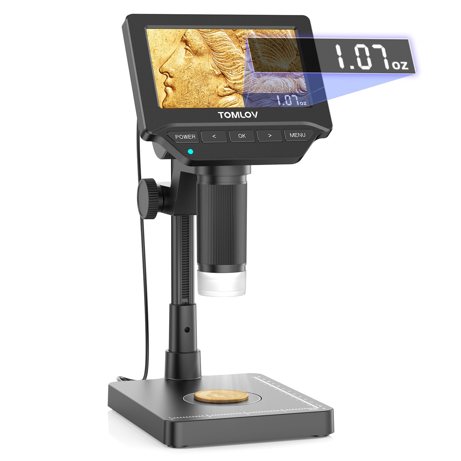 TOMLOV Digital Microscope Coin Microscope 4.3" LCD with Weighing Scale g /oz /ct