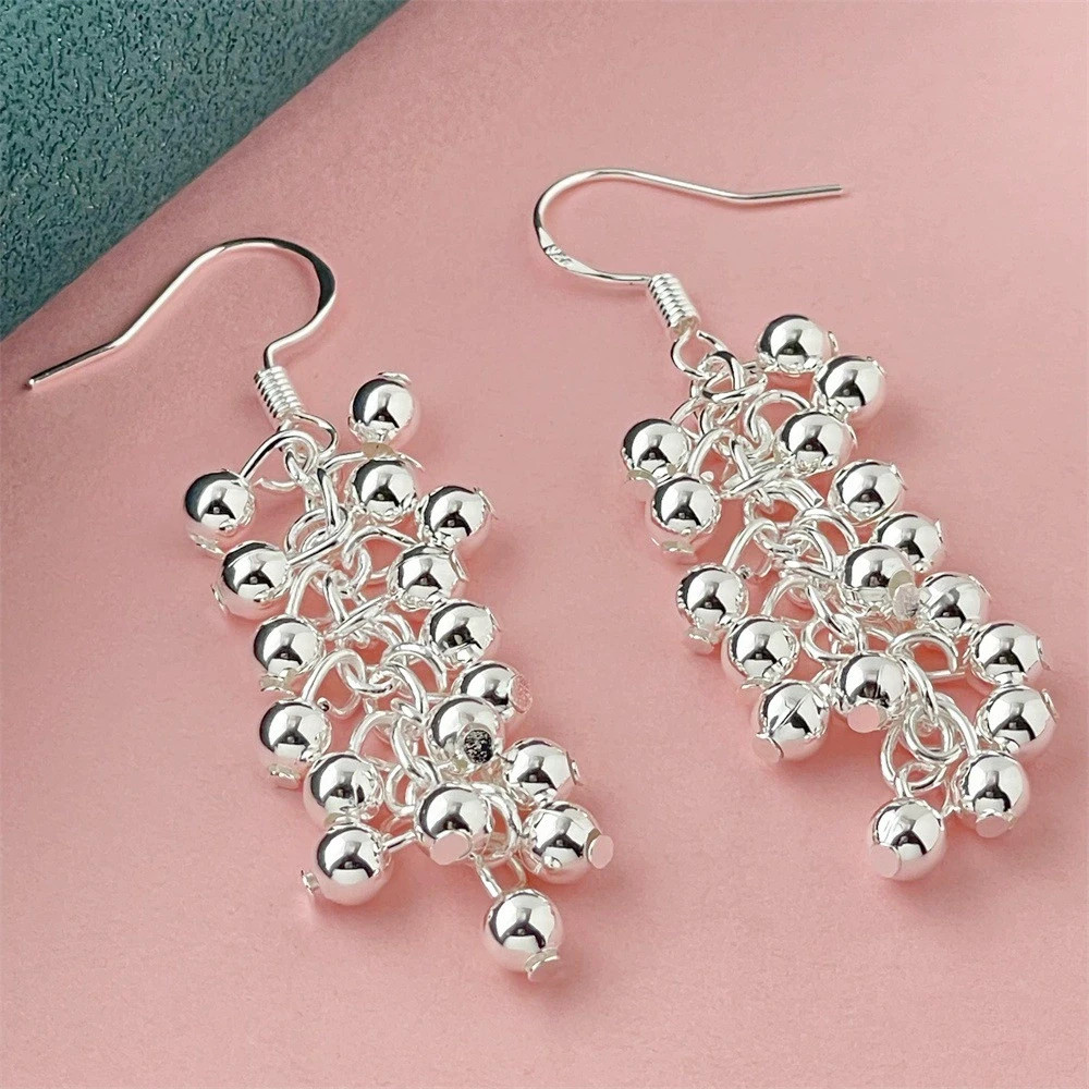 Sparkling Small Round Beads Clusters Grape Clusters Silver Plated Dangle Earring