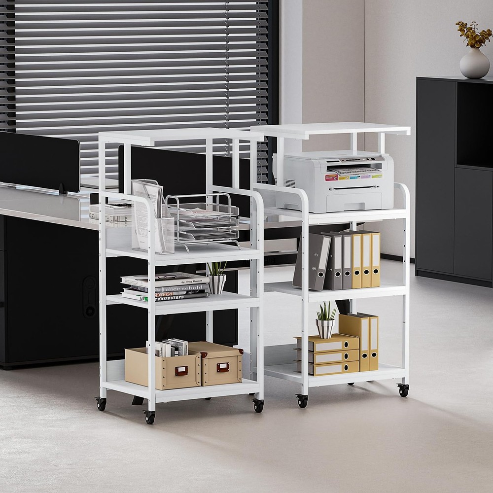 4-Tier White Printer Stand with Wheels, Extra Large Tall Printer Table with S...