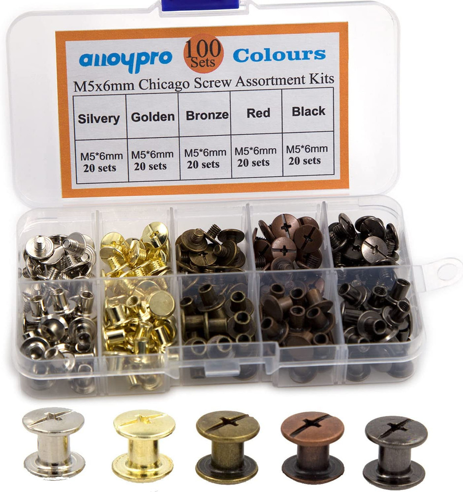 100 Sets Chicago Screws Assorted Kit 5 Color Leather Rivets Screw Rivets Flat Fi