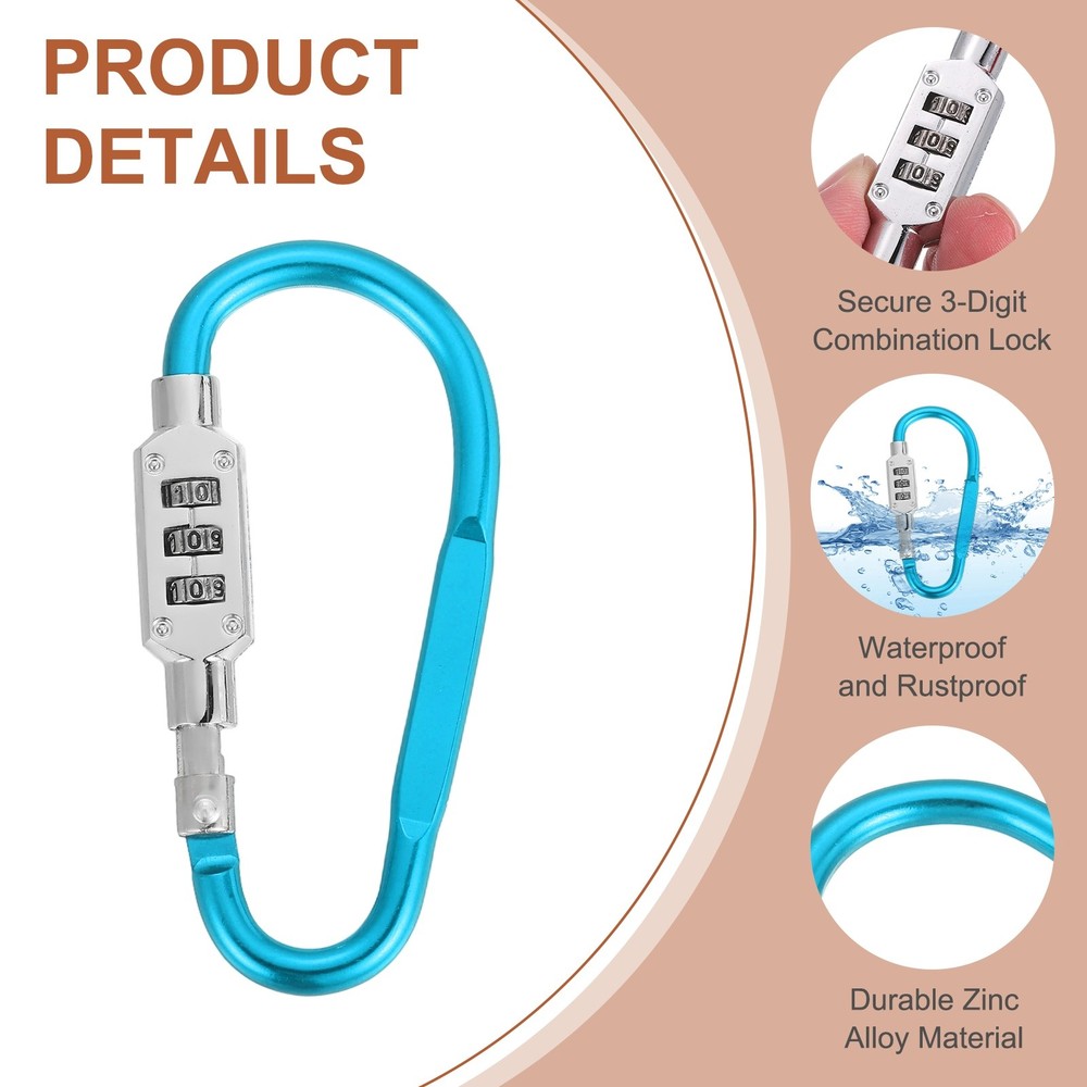 3.8" x 1.8" D-Shaped 3-Digit Code Combination Lock D-Ring Clip, Light Blue