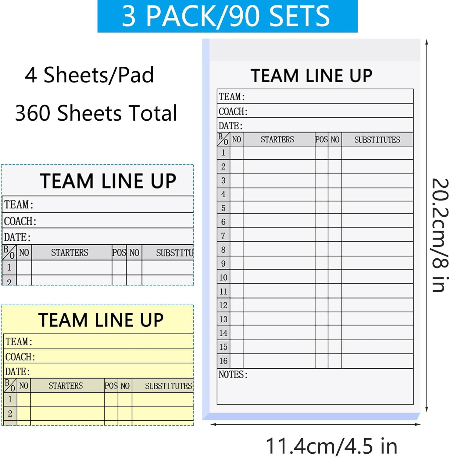 Baseball/Softball Lineup Cards, 4-Part Carbonless Copies with Tearing Line, 150