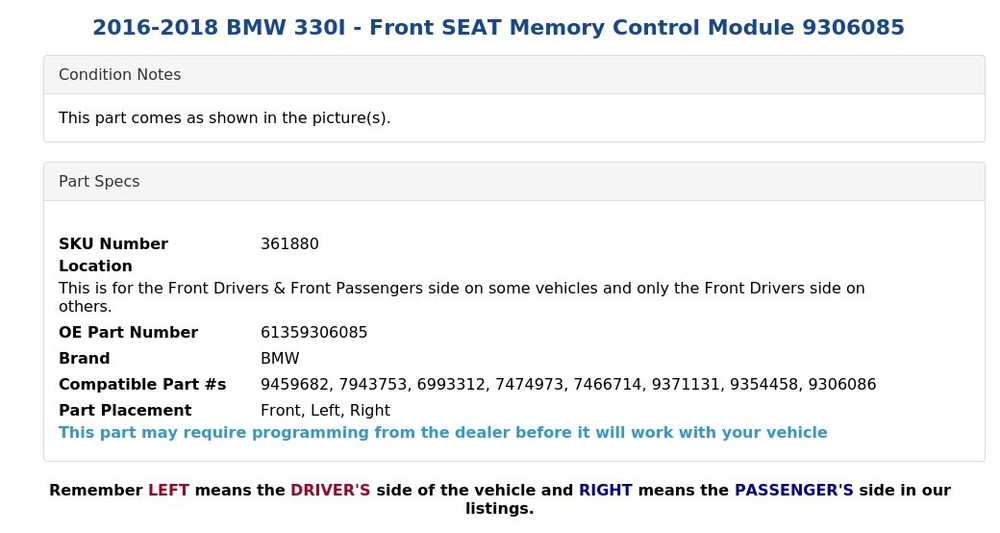 2016-2018 BMW 330I - Front SEAT Memory Control Module 9306085