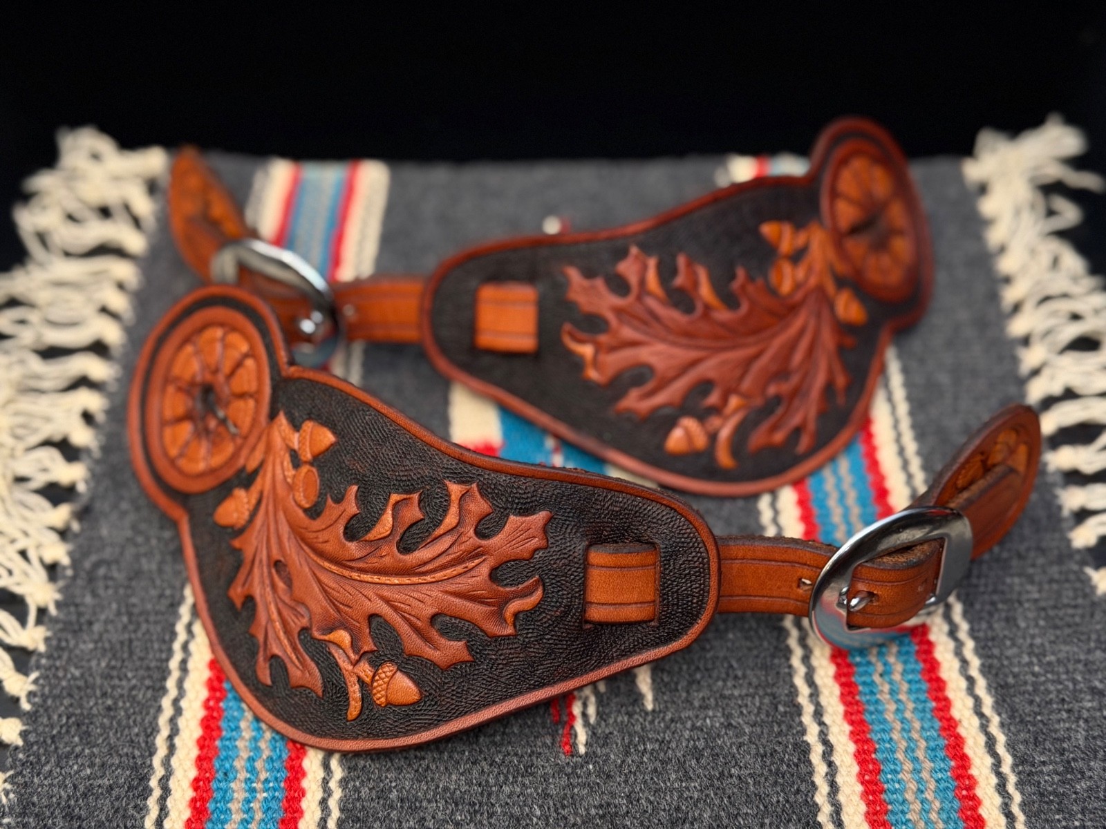 BEAUTIFUL  “L S Horseshoe” Marked Fall Leaf & Acorn Motif Leather Spur Straps