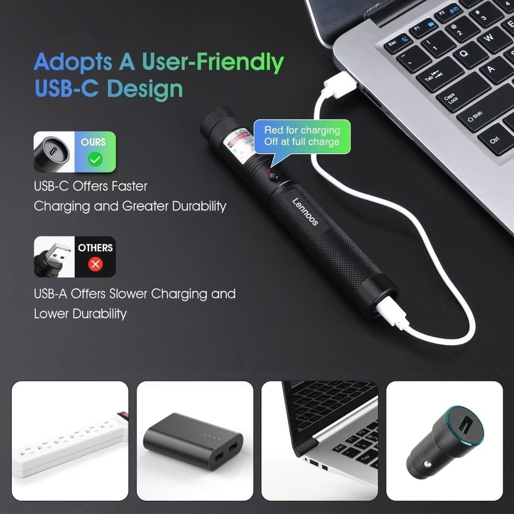 Lennoos USB-C Rechargeable Green Laser Pointer - Advanced Long-Range