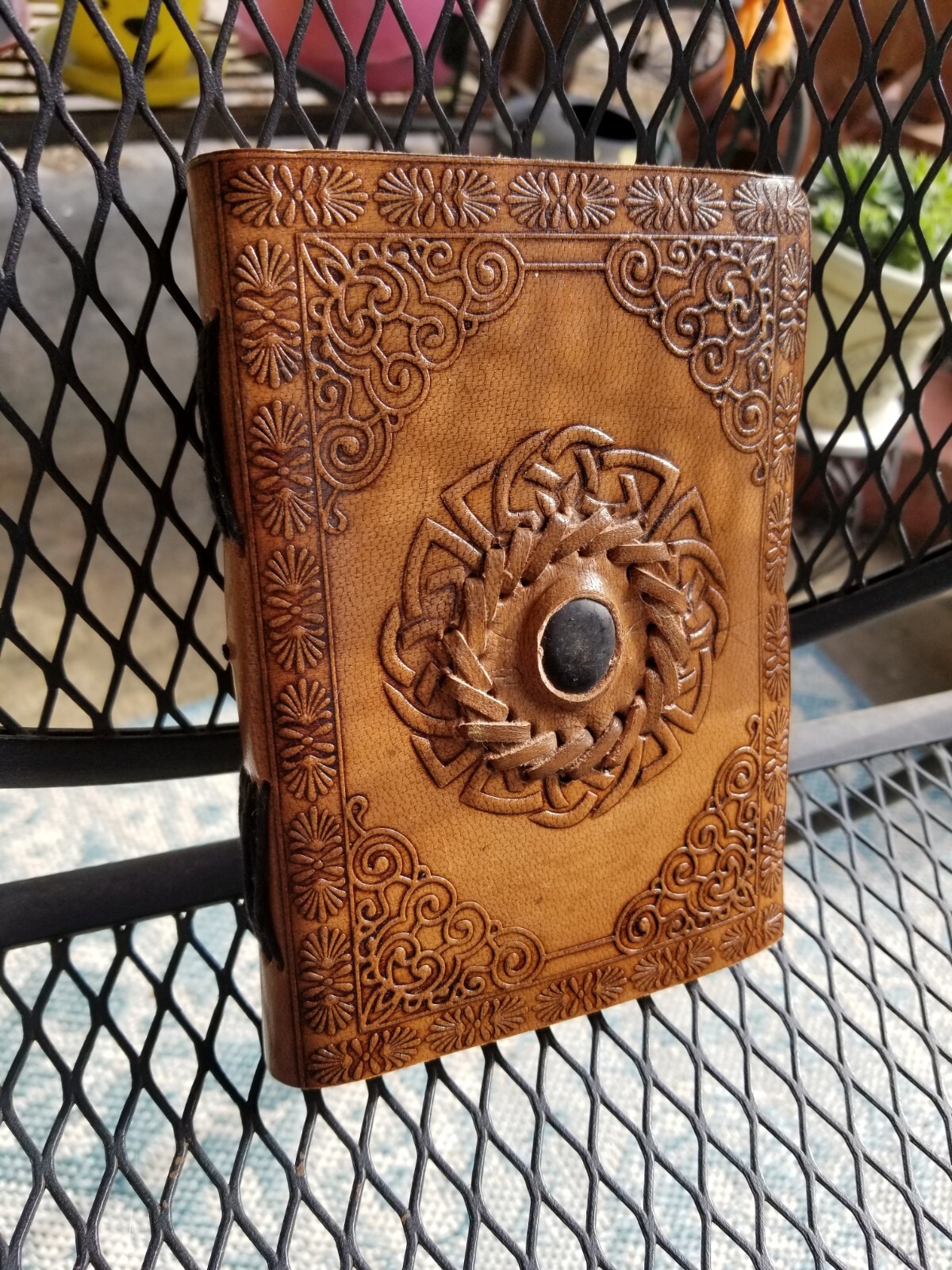 Chakra Leather Journal Notebook Handcrafted Etched Design With Stone Blank Diary