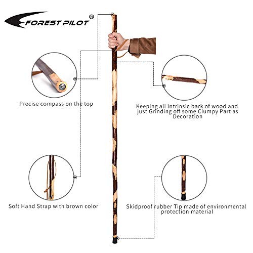 FOREST PILOT BarkKeeping Clumpy Pattern Wooden Walking Stick with a Compass N...