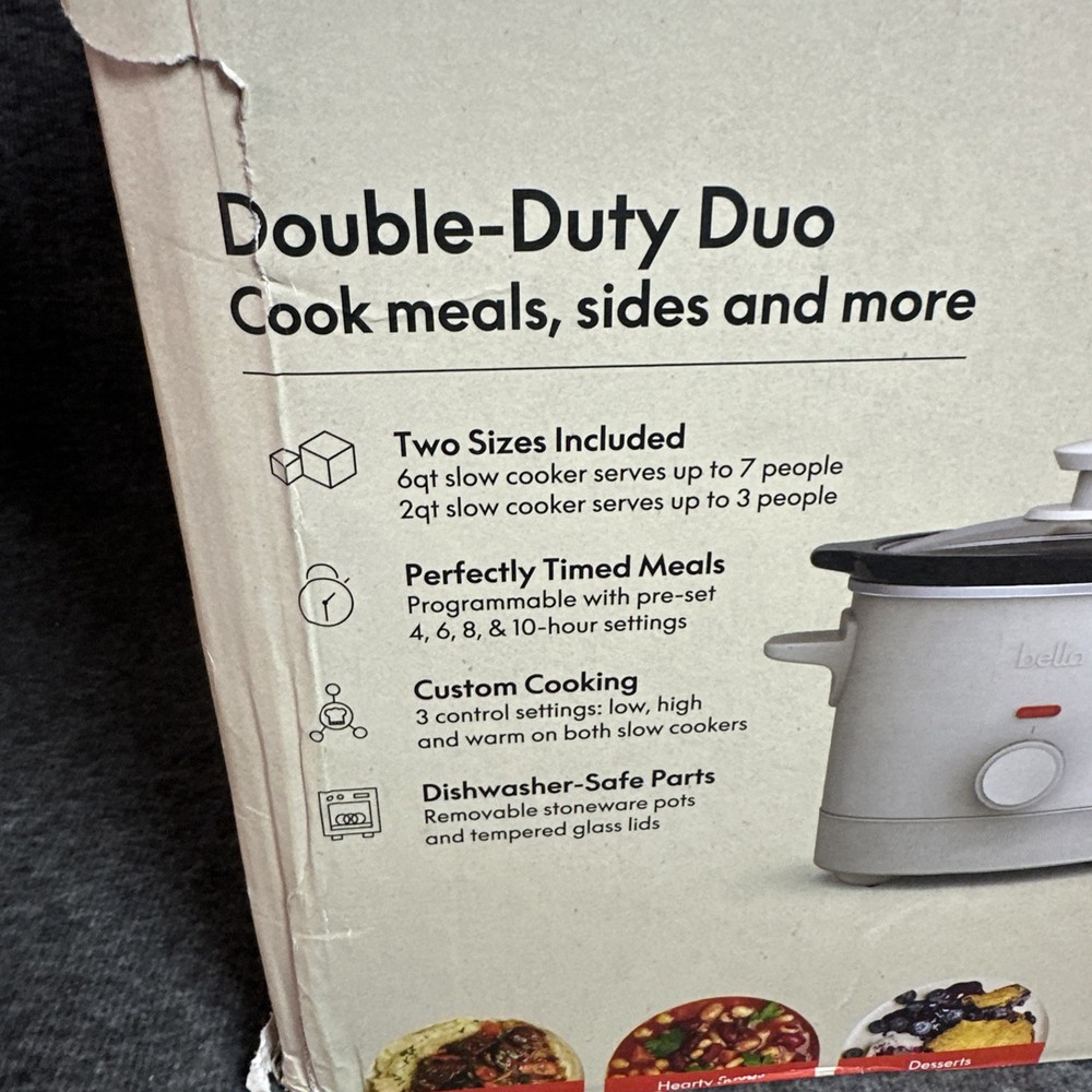Bella Slow Cooker Set 2 Sizes 6qt & 2qt 3 Control Settings Programmable NEW OPEN