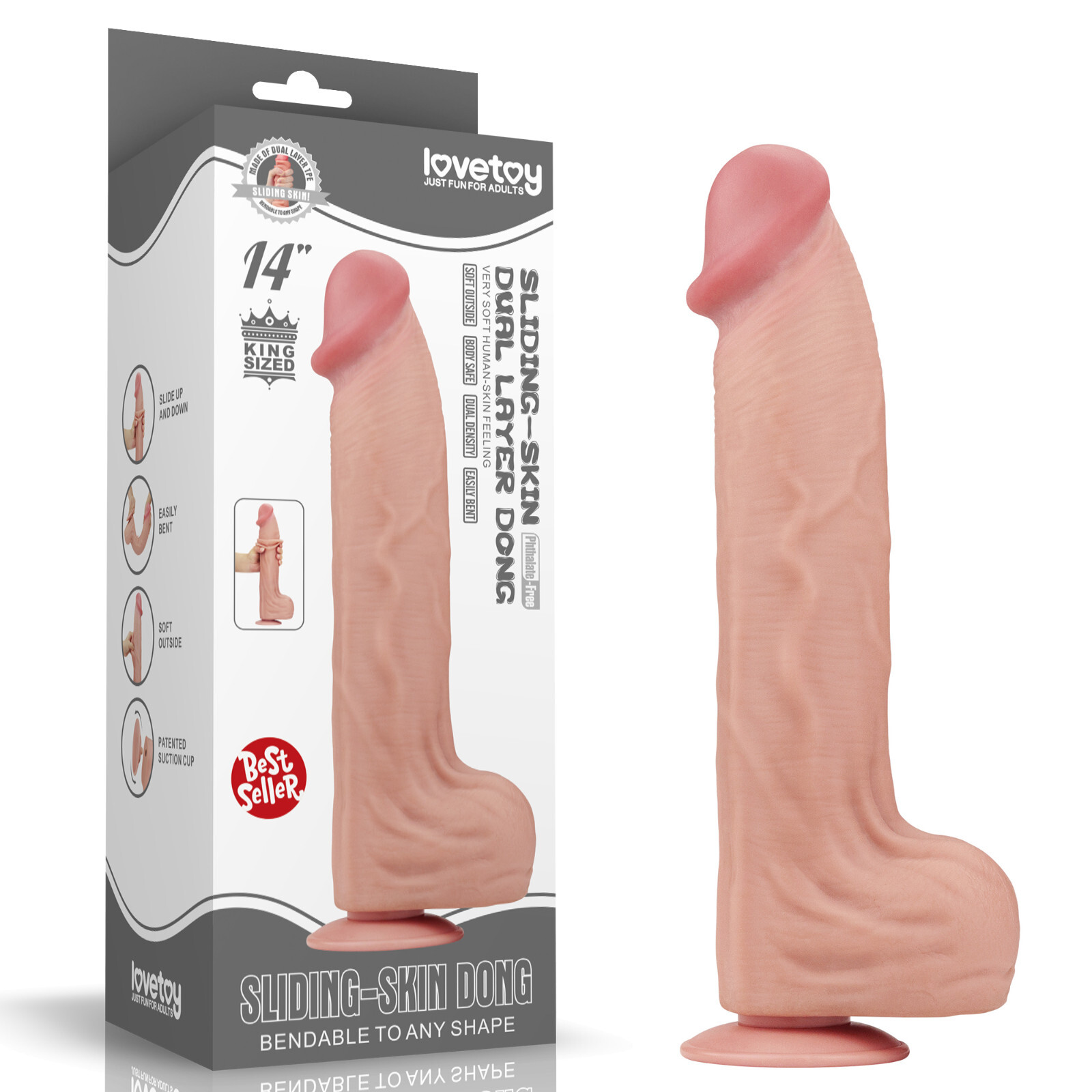 Lovetoy 14" Sliding Skin Dildo Dual Layer Dildo Dong, Realistic Feel, 14 inch