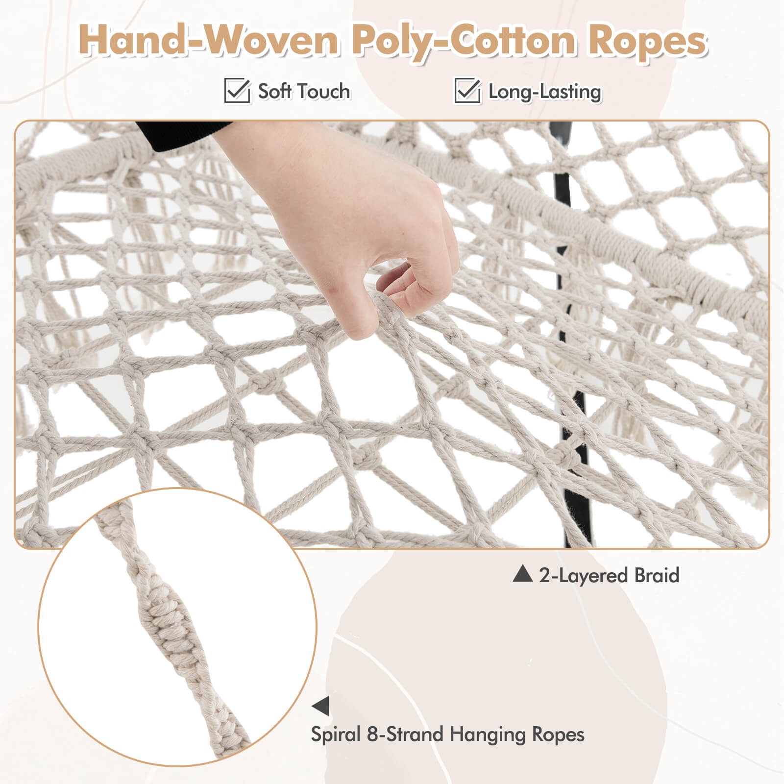 Swing Chair Hand-Woven Rope Hanging Chair w/Thick Cushion & Folding Metal Frame