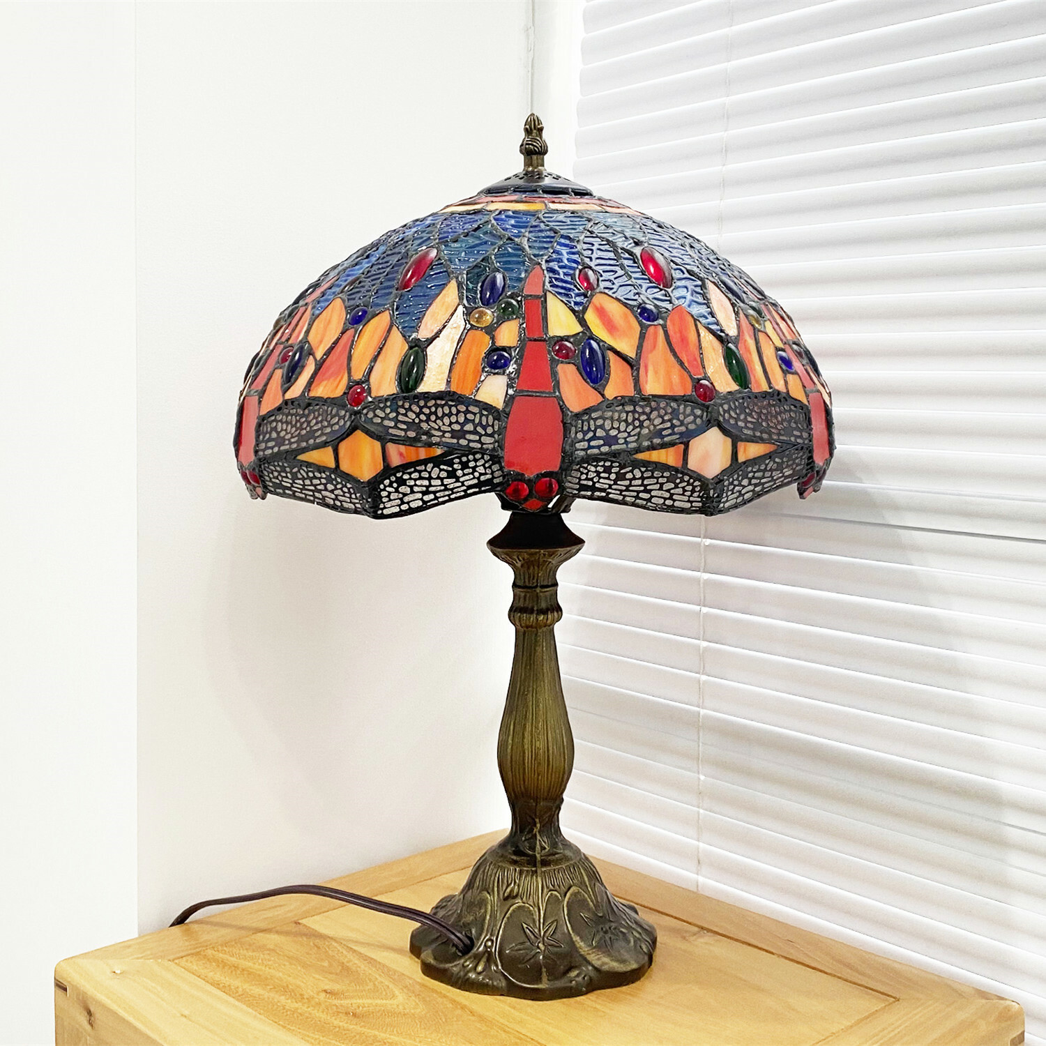 Beautiful Tiffany Table Lamp Red Dragonfly Style Stained Glass Home Decor 18"