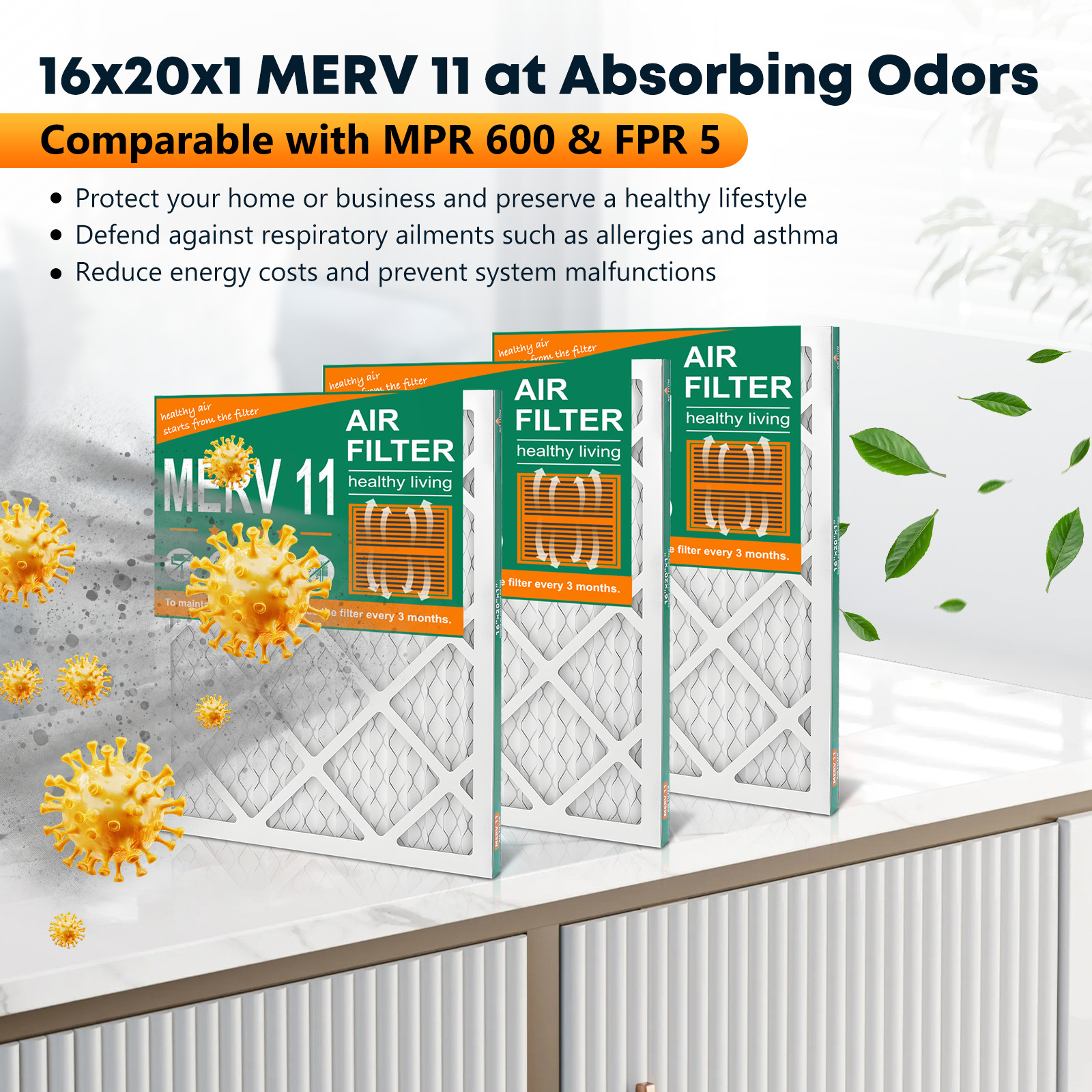 16x20x1 Pleated Air Filters, Replacement for HVAC AC Furnace (MERV 11)