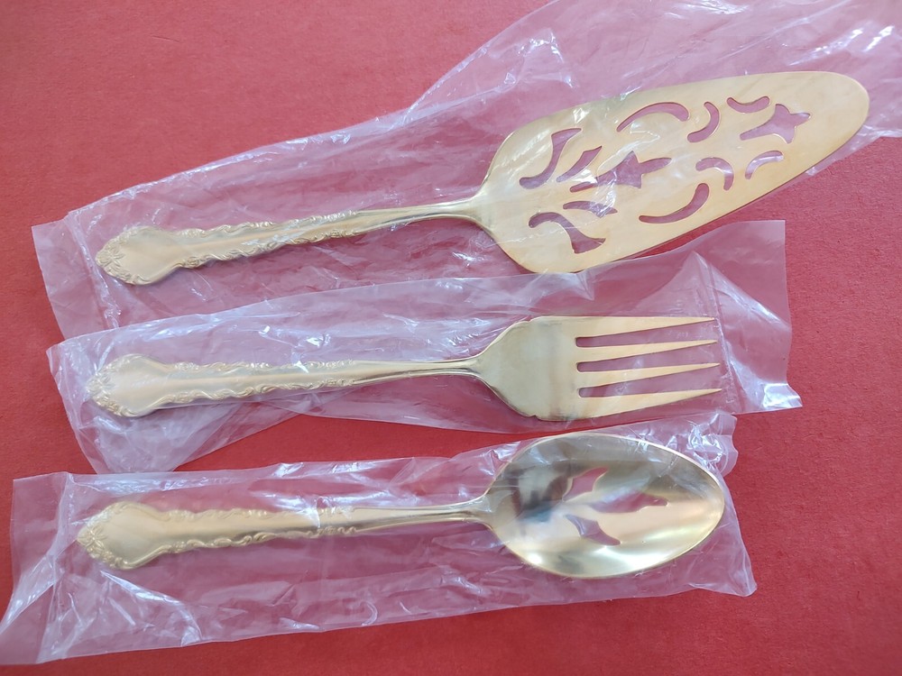 3pc SEALED EXCEL GOLD MOET Stainless Pie Serving Pierced Spoon Fork FreeShip