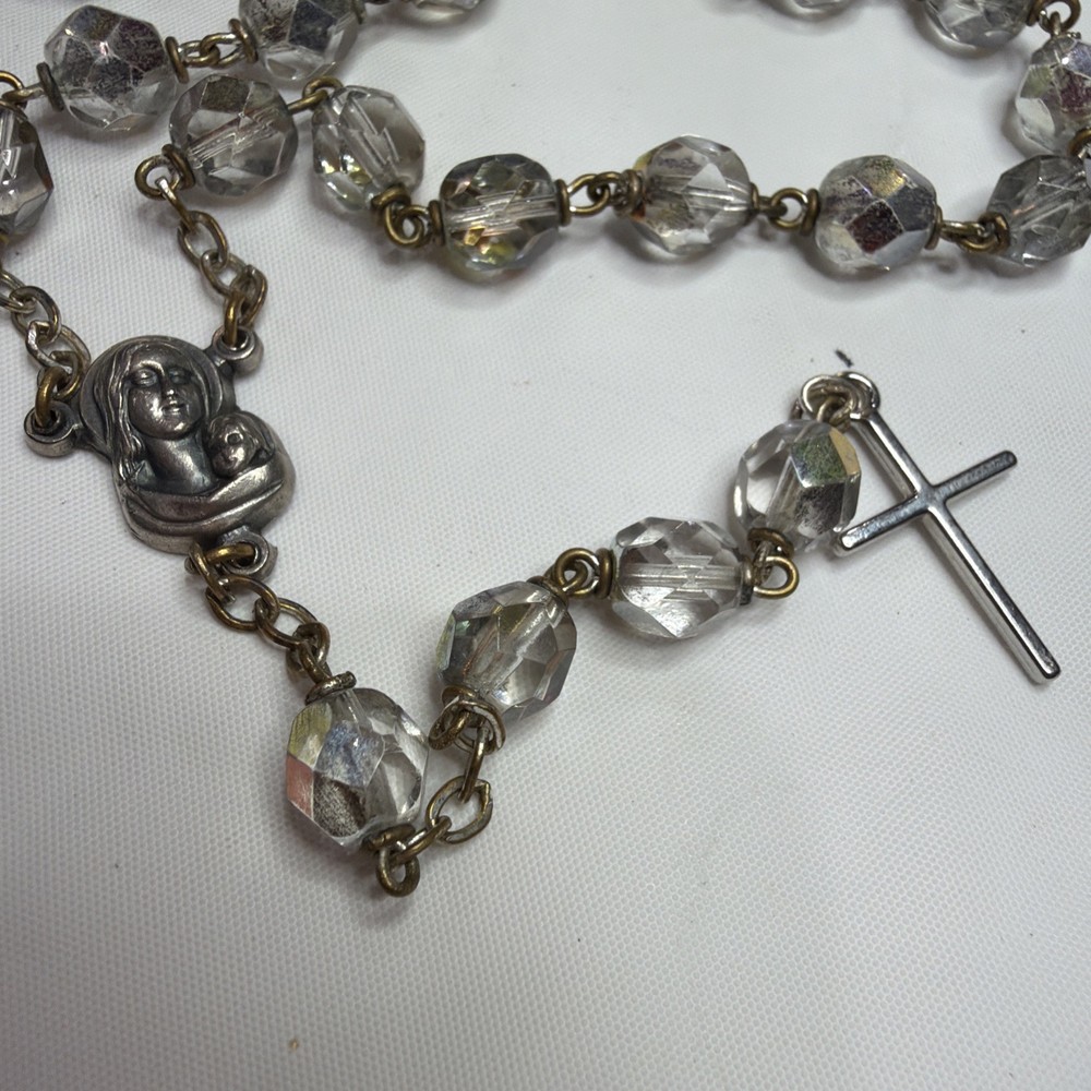 Signed Italy Silver Tone and Clear Beads Rosay