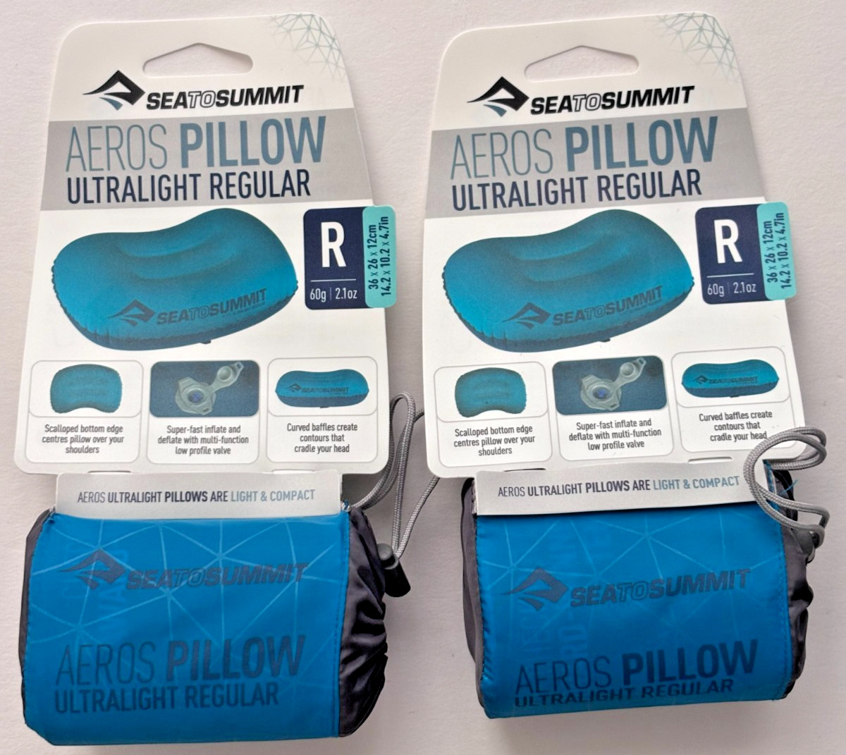 Set Of 2x Sea To Summit Aeros Inflatable Camping UL Air Pillows Reg. Aqua NEW!