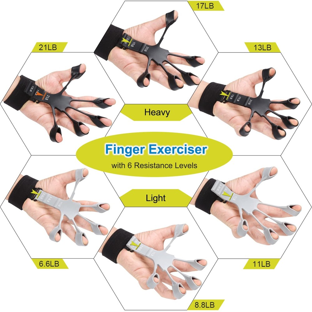 Grip Strength Trainer Kit 6 Pack with Finger Exerciser, Hand black grey