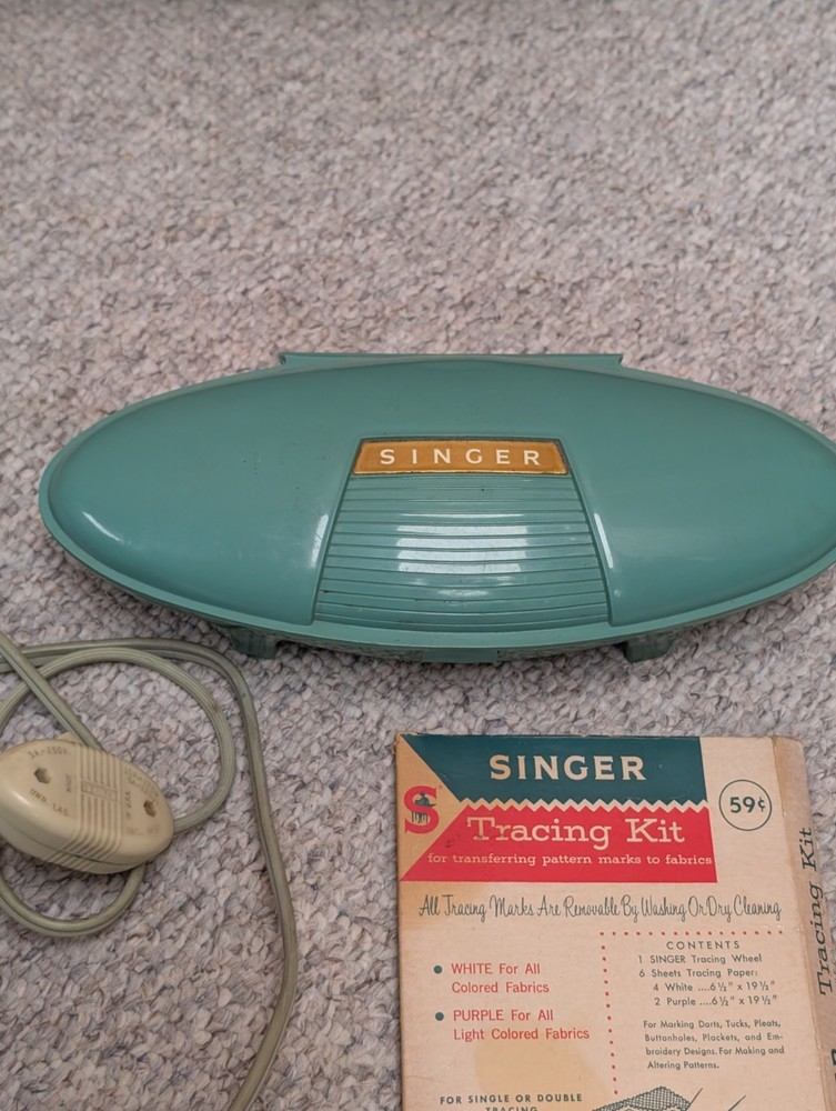 SINGER 338 Sewing Machine Blue With Attachments. Working