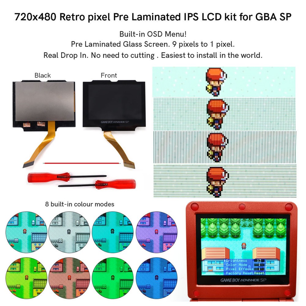 V5 720x480 Retro Pixel Pre-Laminated IPS LCD+Case W/Same color button For GBA SP
