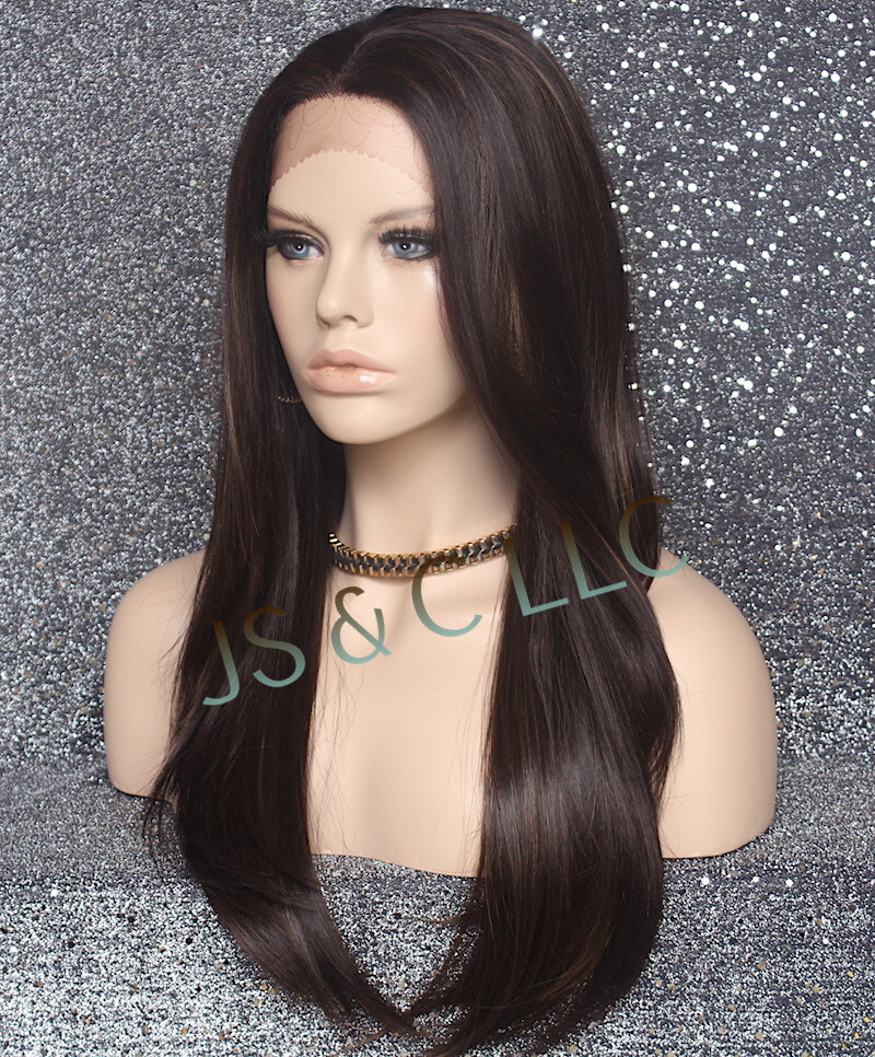 Long Straight Human Hair Blend Mono Top Full Lace Front Wig Brown mix 4-27 WBDL