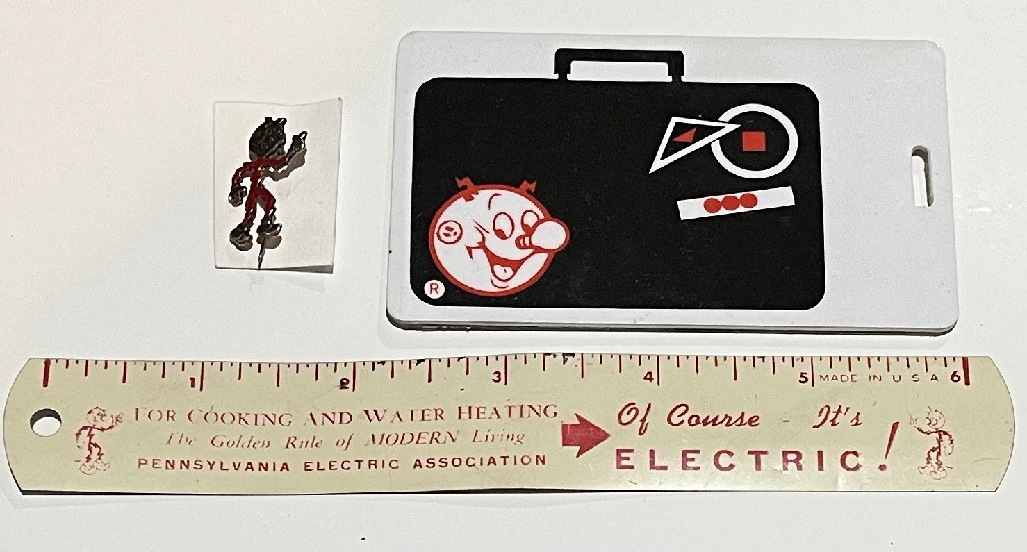 REDDY KILOWATT Electrical Service Mascot Lapel Pin Ruler ID Card Vintage 60's