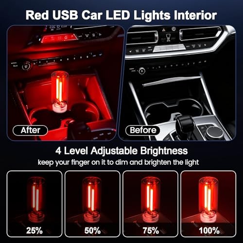 2 PCS USB Car LED Lights Interior, Touch Control Adjustable Brightness Red