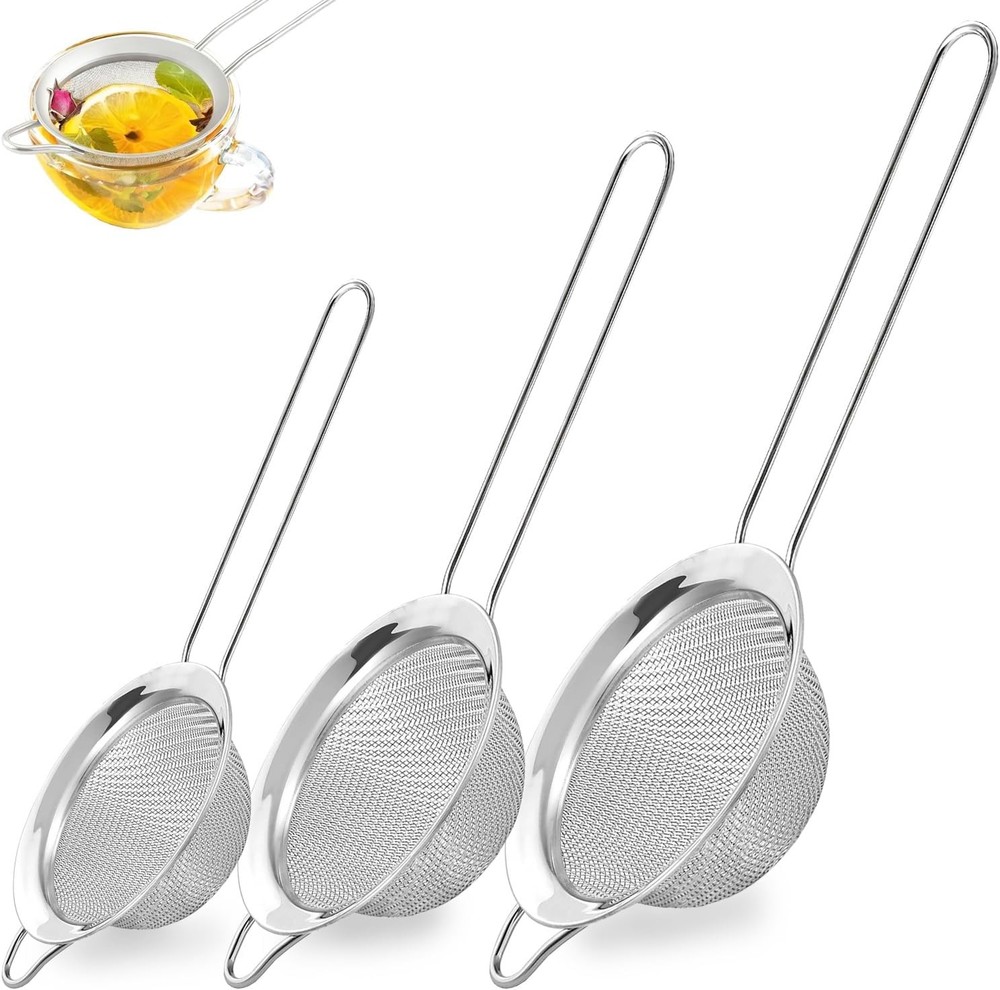 3Pcs Fine Mesh Strainer W/ Handle Small Medium Large Size Sieve Strainers Set