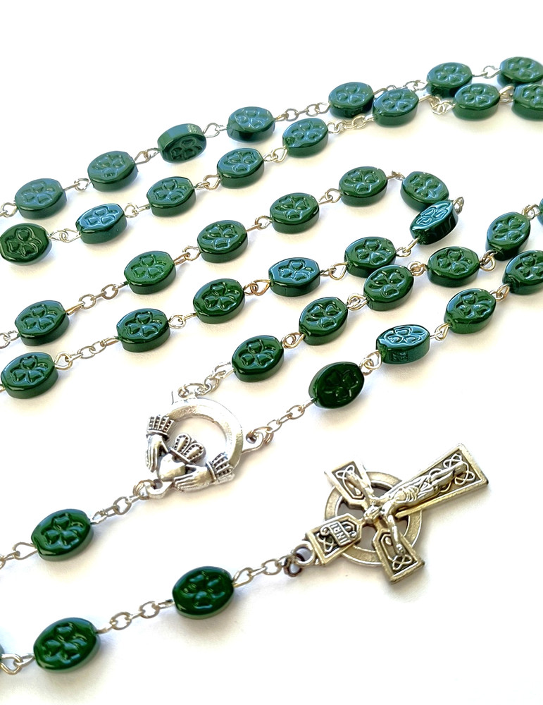 Irish Claddagh Rosary Green Shamrock Beads Celtic Crucifix Gift Boxed Catholic