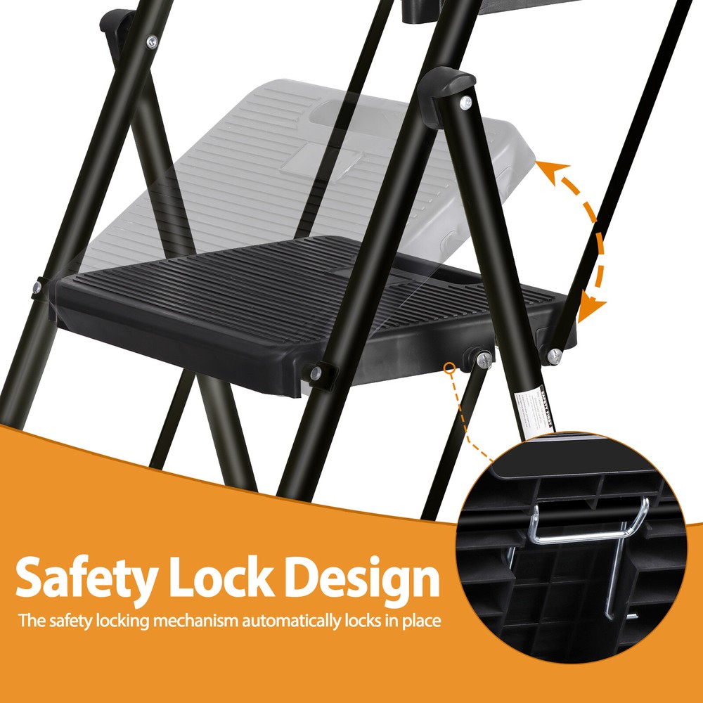 Step Ladder 4 Step Folding Black 330 Lbs Max Load Ladder Folding W/ Work Tray