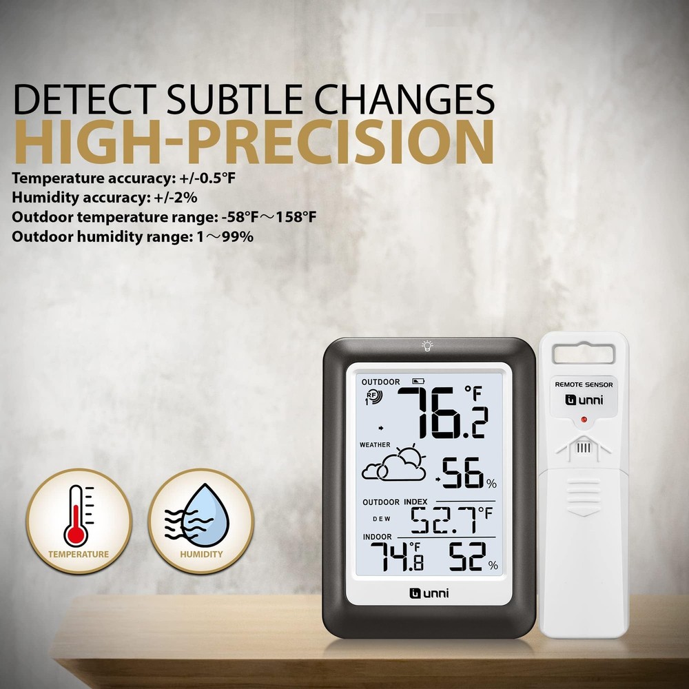 Wireless Indoor Outdoor Thermometer with Remote Sensor and Backlight Display