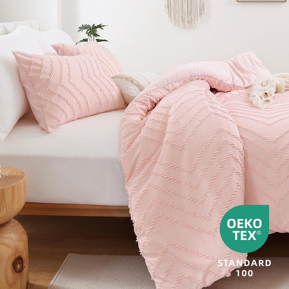 Pink Full Comforter Set 3Pcs, Boho Blush Full Size Bedding Set, Vertical Tuft...