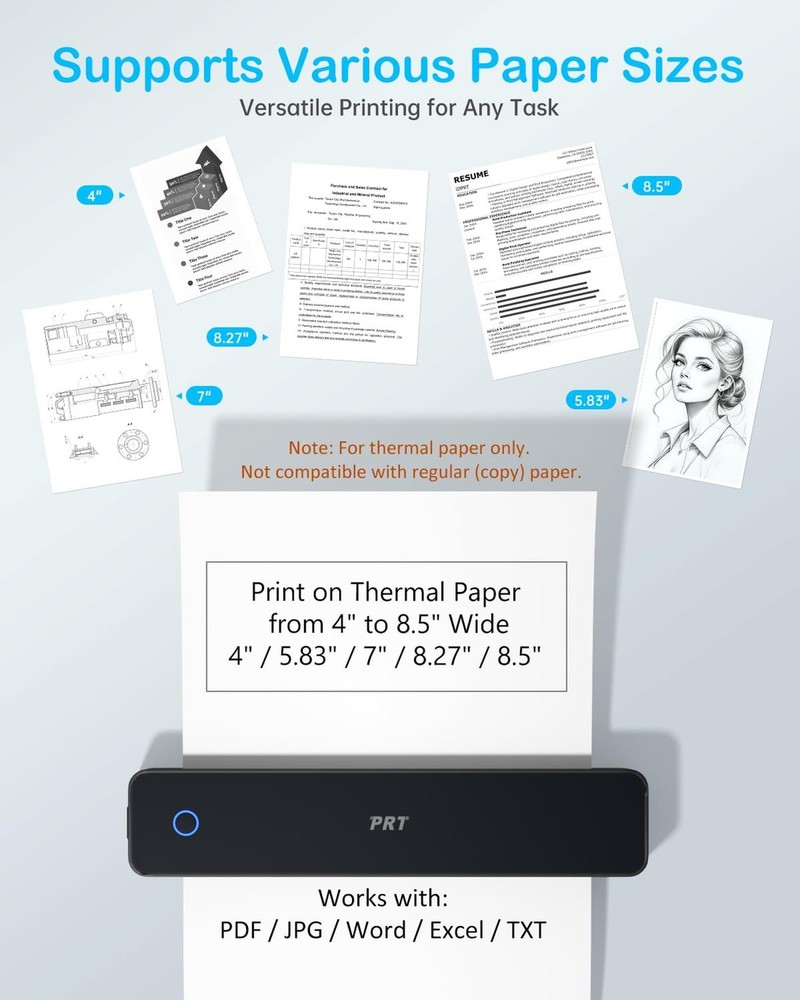 PRT Inkless Portable Printer, Wireless Thermal Printer for Travel Support 8.5...