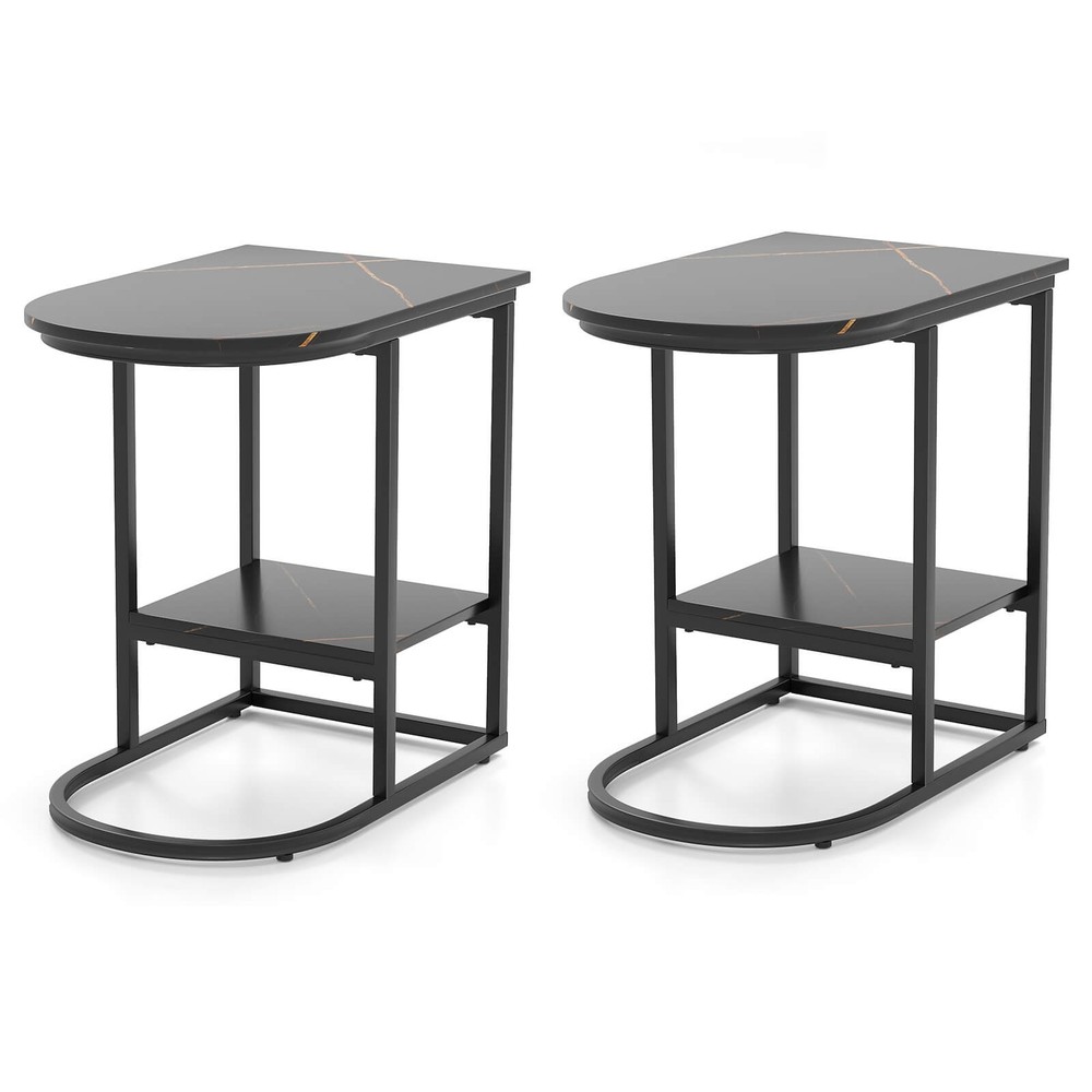 2PCS C-Shaped Side Table Compact 2-tier Storage End Table for Small Space Black