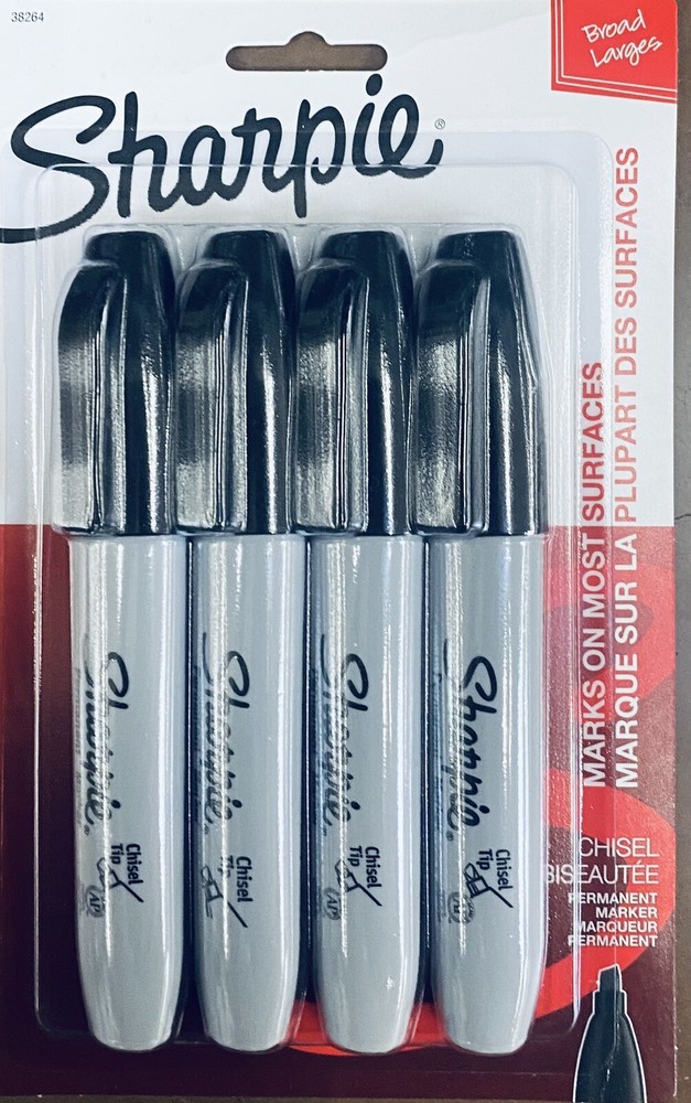 Sharpie Broad Larges Quick Dry CHISEL POINT Permanent Markers Black 4 PACK