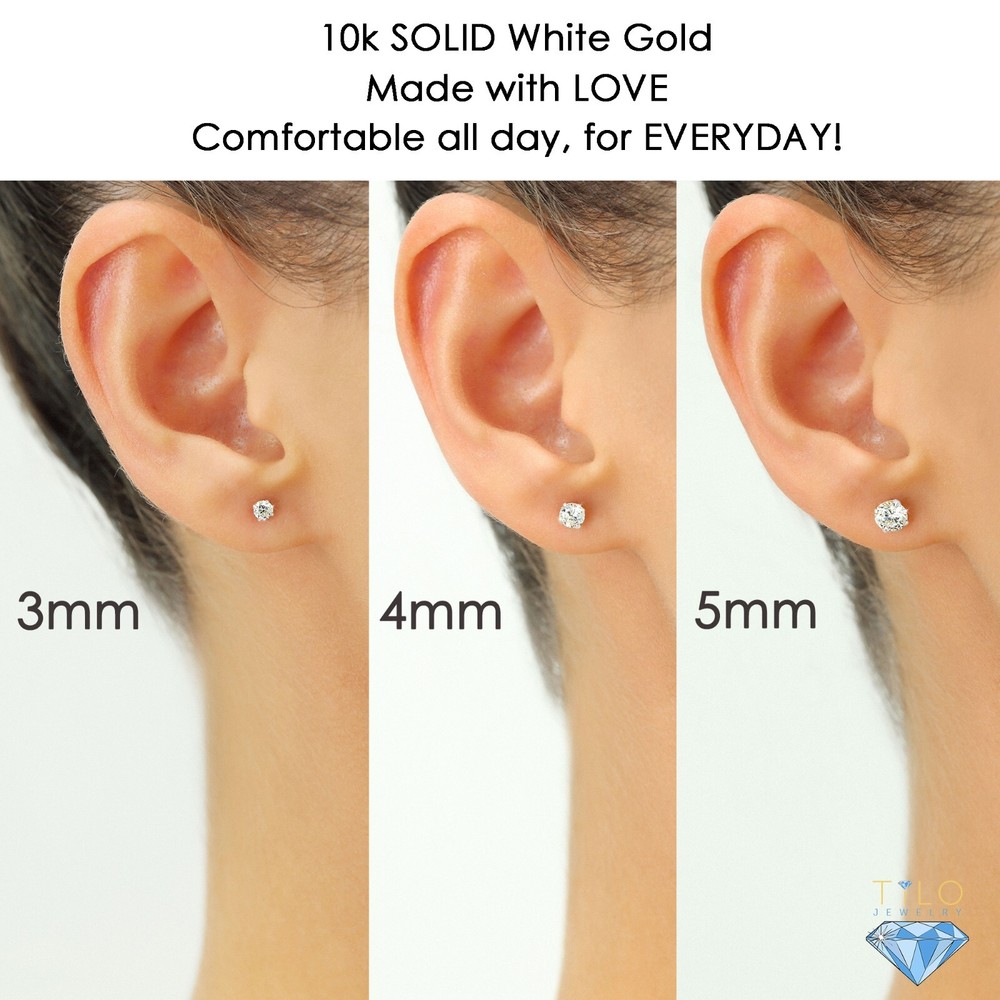 10K Solid White Gold Solitaire Round CZ Sleeper Stud Earrings Screw-back 2mm-8mm