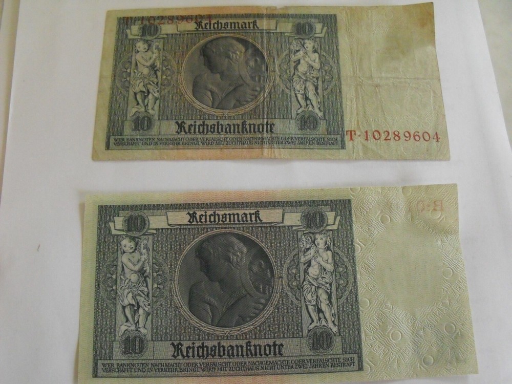 (2) German 10 Reichsmark currency