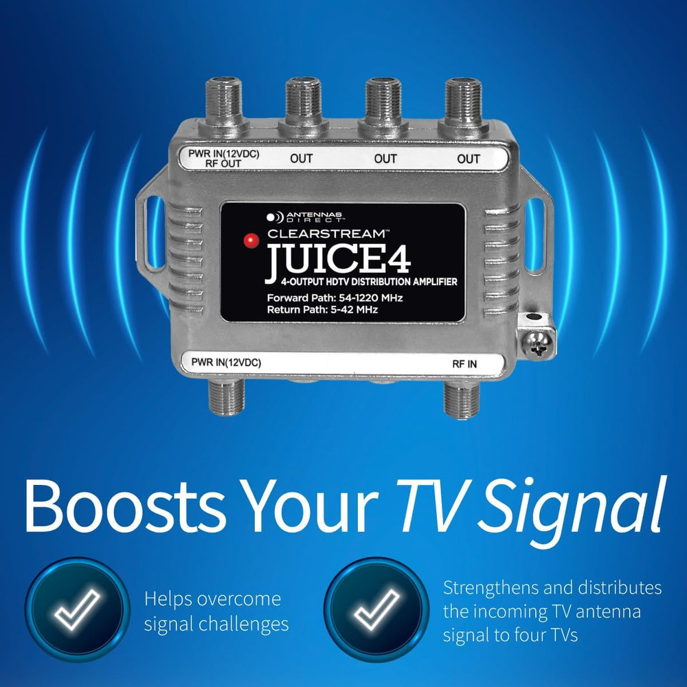Clearstream JUICE4 Distribution Amplifier, Output to 4 Televisions, CATV Systems