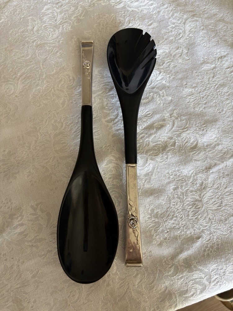 Reed & Barton Salad Servers  Rose Pattern Silver Handles