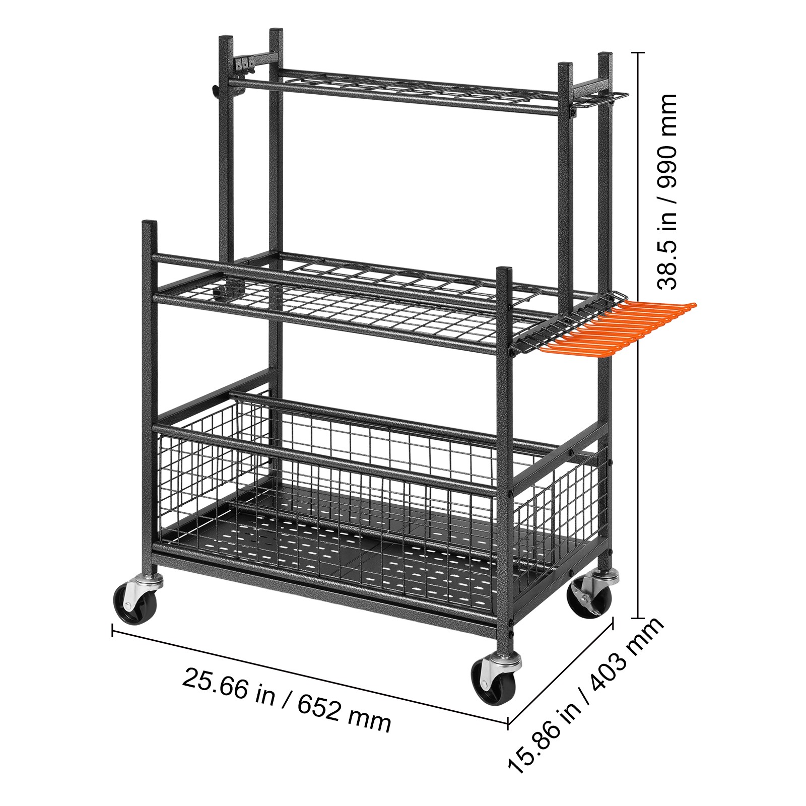 Garden Tool Storage Rack with Wheels Garage Organizer 16 Slots with Hooks